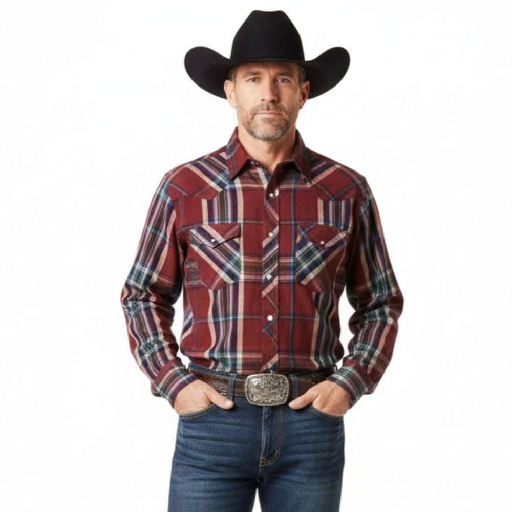 Wrangler Men's Red Plaid Western Cowboy Pearl Snap Long Sleeve Shirt XL